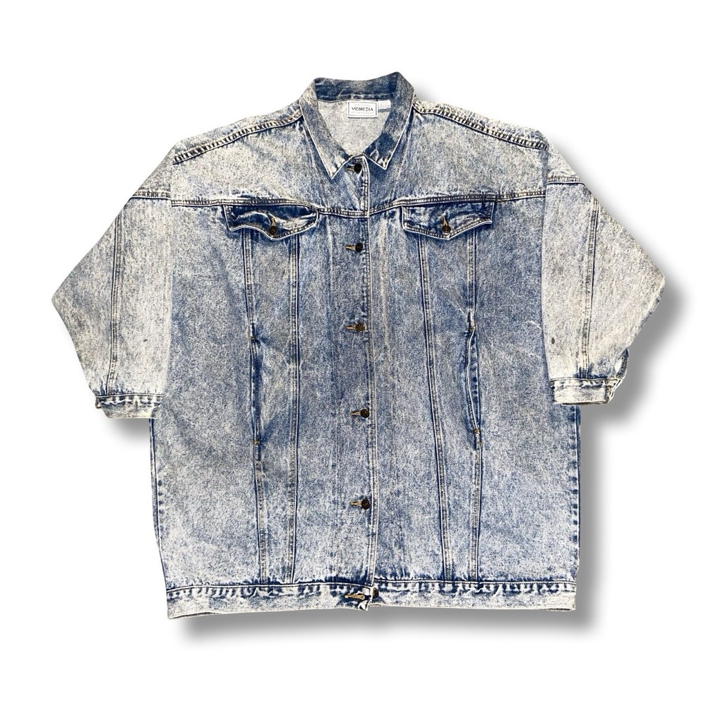 VTG Venezia Sportswear Acid Wash Denim Jacket 22/24 Oversized 3/4 Sleeve 31x35